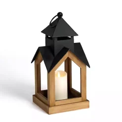 Lanterns>Kirklands Home Black Metal & Natural Wood Steeple Lantern, 17 in.
