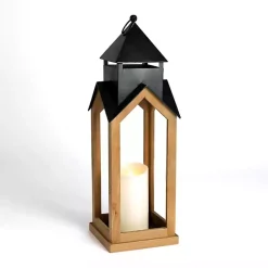 Lanterns>Kirklands Home Black Metal & Natural Wood Steeple Lantern, 30 in.