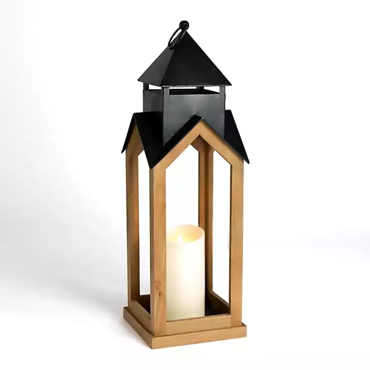 Lanterns>Kirklands Home Black Metal & Natural Wood Steeple Lantern, 30 in.