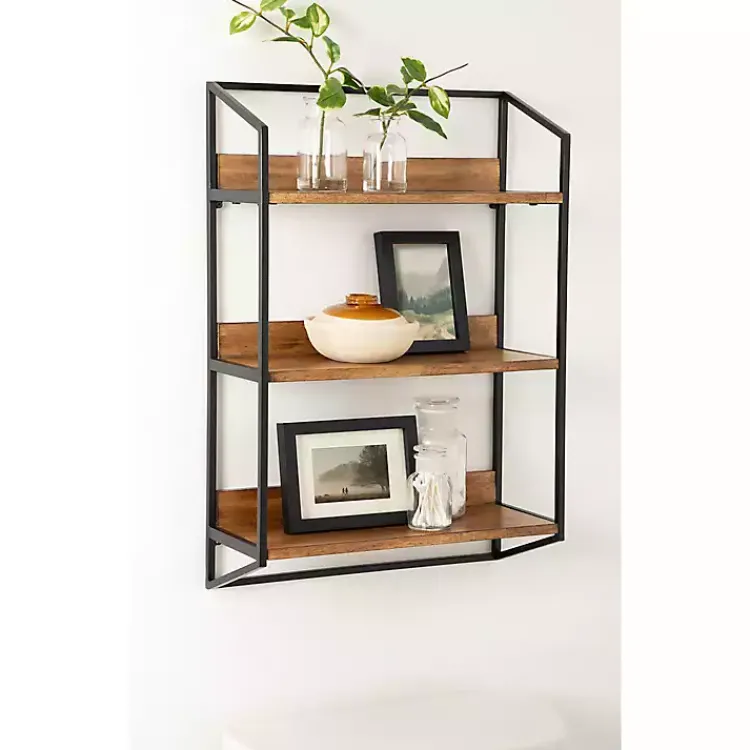 Kirklands Home Black Metal & Rustic Wood Tiered Wall Shelf Outlet