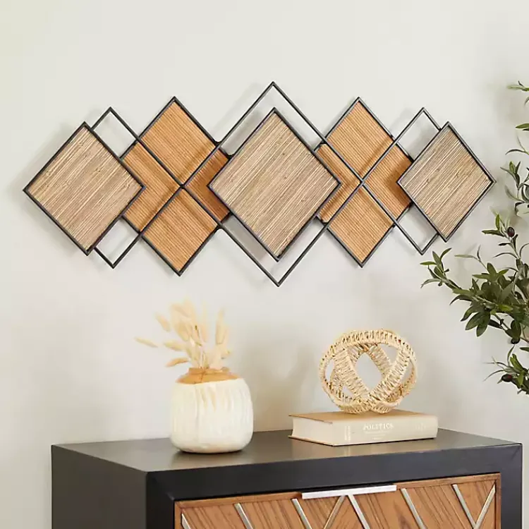 Kirklands Home Black Metal and Bamboo Diamond Wall Plaque Clearance