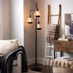 Kirklands Home Black Metal and Glass Globe 3-Arm Floor Lamp Clear