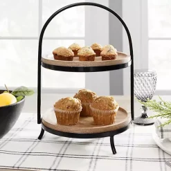 Kirklands Home Black Metal and Natural Wood 2-Tier Server Best