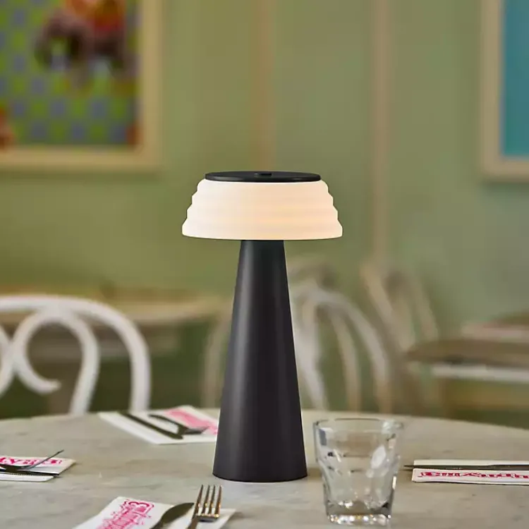 Kirklands Home Metal Cordless Lamp with White Ribbed Shade Black Clearance
