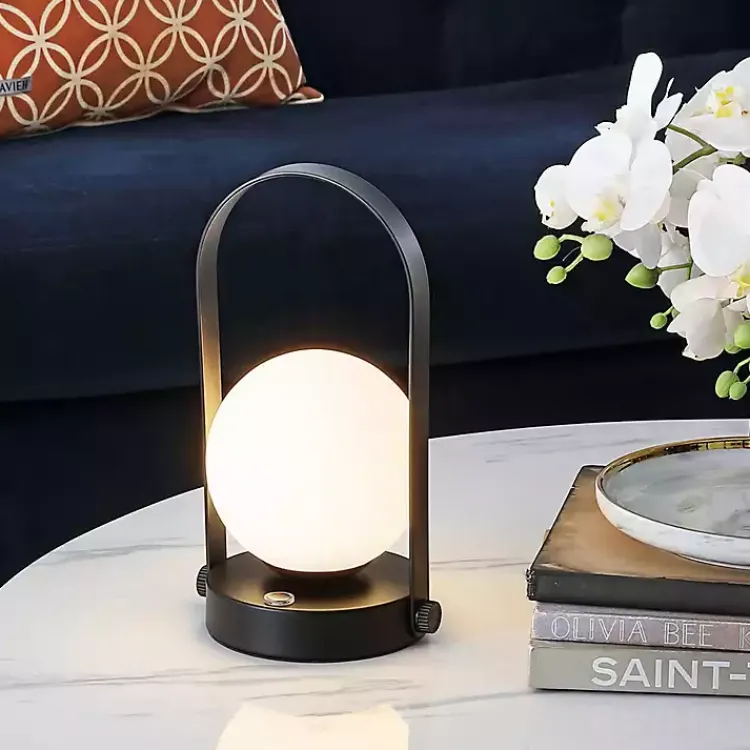 Kirklands Home Black Metal Glass Globe Cordless Table Lamp White