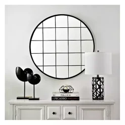 Kirklands Home Black Metal Grid Frame Round Wall Mirror