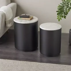 Kirklands Home Black Metal Marble Nesting Accent Tables, Set of 2 White Outlet