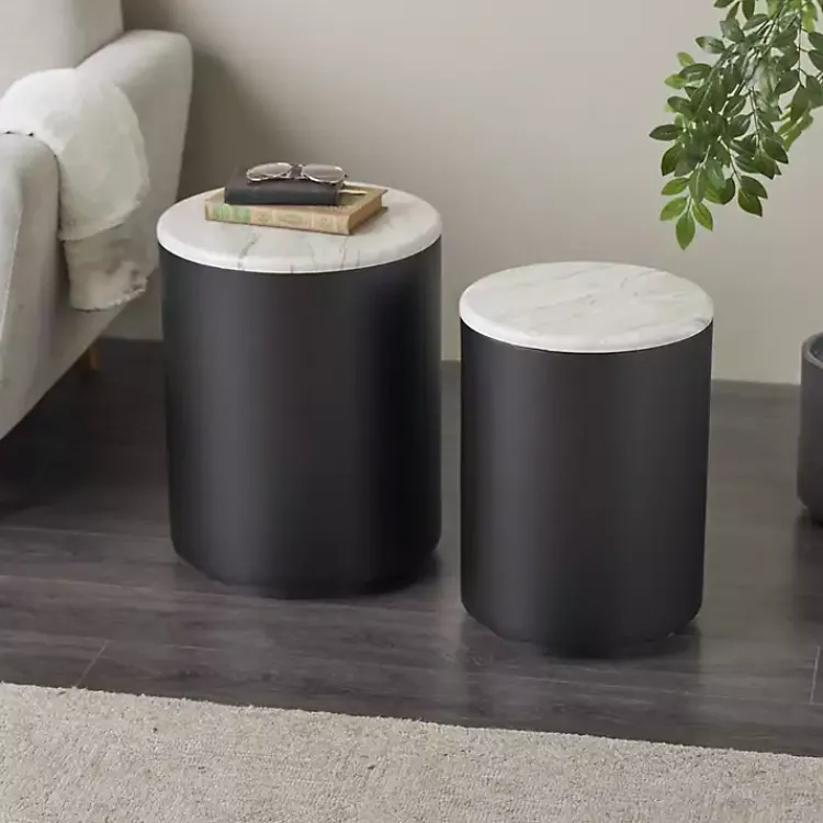 Kirklands Home Black Metal Marble Nesting Accent Tables, Set of 2 White Outlet