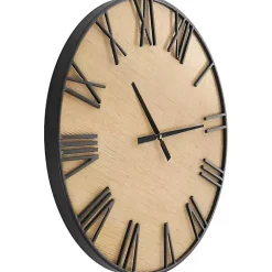 Kirklands Home Black Metal Natural Wood Wall Clock Clearance