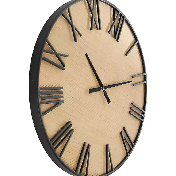 Kirklands Home Black Metal Natural Wood Wall Clock Clearance