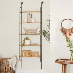 Kirklands Home Black Metal Pipe Frame Brown Wood Wall Shelf