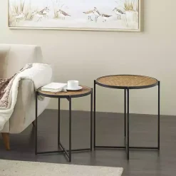Kirklands Home Black Metal Rattan Accent Tables, Set of 2 Brown Sale