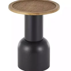 Kirklands Home Black Metal Rattan Pedestal Accent Table, 16 in. Brown Outlet