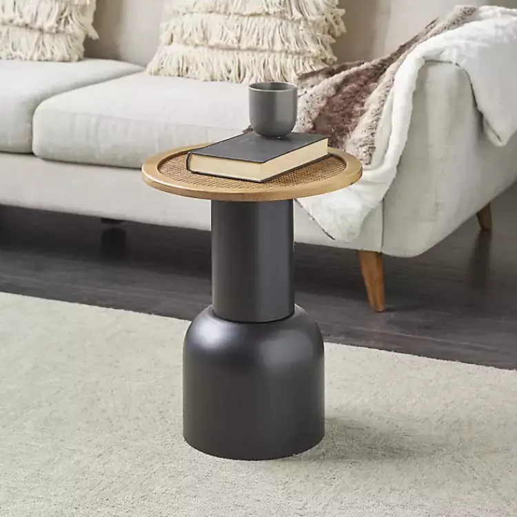 Kirklands Home Black Metal Rattan Pedestal Accent Table, 16 in. Brown Outlet