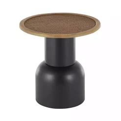 Kirklands Home Black Metal Rattan Pedestal Accent Table, 19 in. Brown