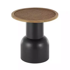 Kirklands Home Black Metal Rattan Pedestal Accent Table, 19 in. Brown