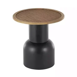 Kirklands Home Black Metal Rattan Pedestal Accent Table, 19 in. Brown