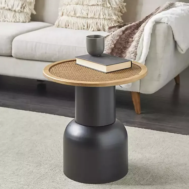 Kirklands Home Black Metal Rattan Pedestal Accent Table, 19 in. Brown