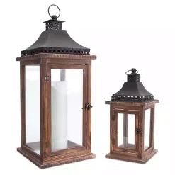 Lanterns>Kirklands Home Black Metal Top Wood Lanterns, Set of 2