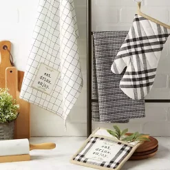 Kirklands Home Black Plaid Eat Drink Enjoy 4-pc. Dish Towel Set New