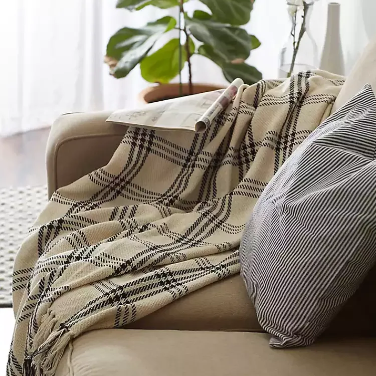 Blankets & Throws>Kirklands Home Plaid Fringe Throw Black