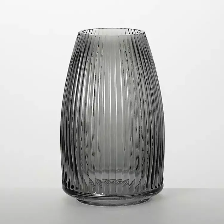 Vases>Kirklands Home Round Ribbed Glass Vase Black