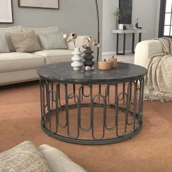 Kirklands Home Stone and Metal Geometric Coffee Table Black Best