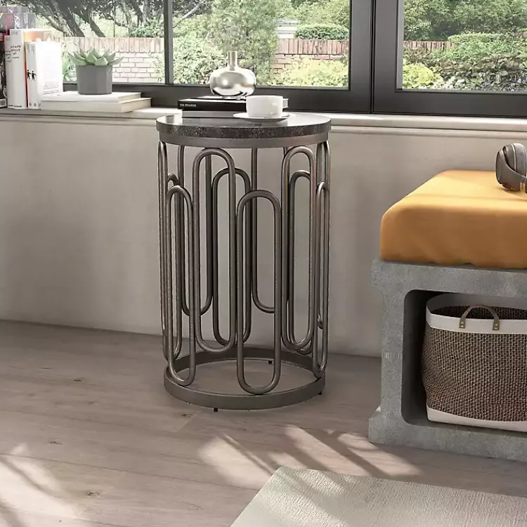 Kirklands Home Stone and Metal Geometric Accent Table Black New