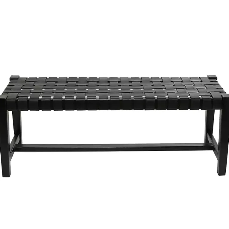 Kirklands Home Teak Wood and Leather Bench Black Outlet