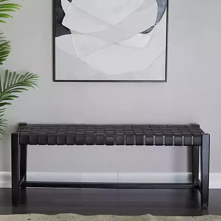Kirklands Home Teak Wood and Leather Bench Black Outlet