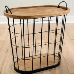 Kirklands Home Wire and Natural Wood Basket Side Table Black Outlet