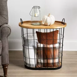 Kirklands Home Wire and Natural Wood Basket Side Table Black Outlet