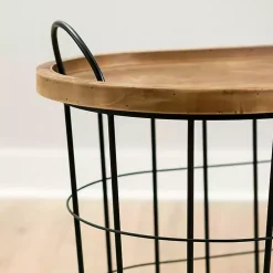Kirklands Home Wire and Natural Wood Basket Side Table Black Outlet