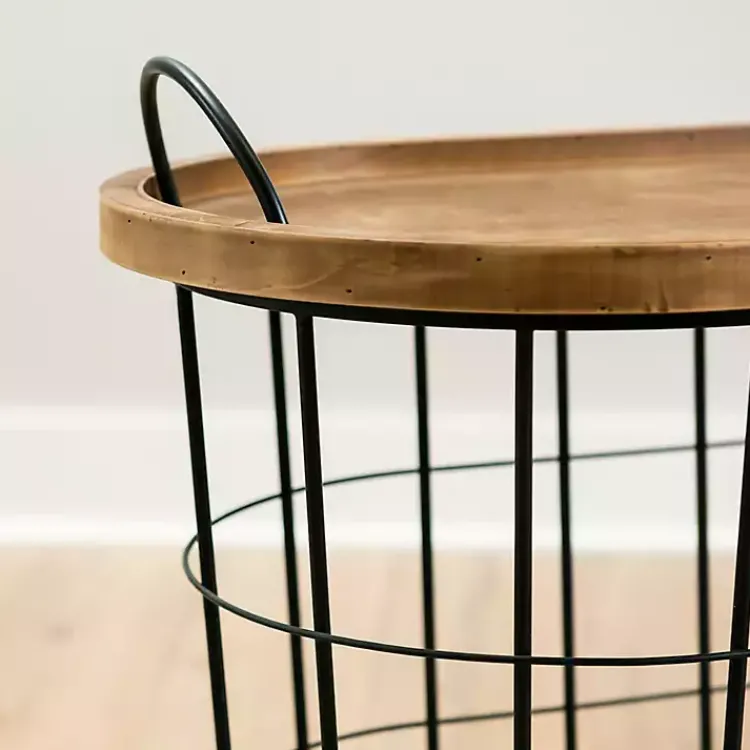 Kirklands Home Wire and Natural Wood Basket Side Table Black Outlet
