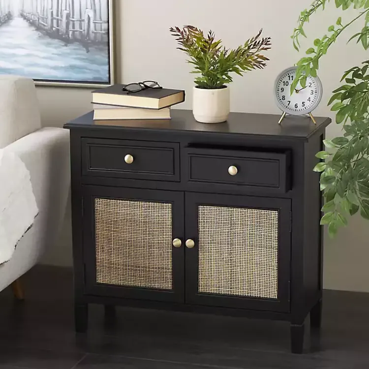 Kirklands Home Wood & Natural Rattan 2-Door Cabinet Black Hot