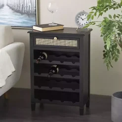 Kirklands Home Wood & Natural Rattan Wine Bottle Cabinet Black