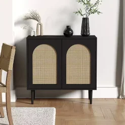 Kirklands Home Wood and Arched Rattan 2-Door Cabinet Black Clearance