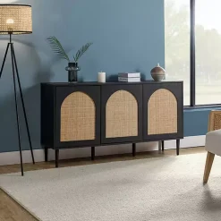 Kirklands Home Black Wood and Cane Arched Sideboard Cabinet Hot