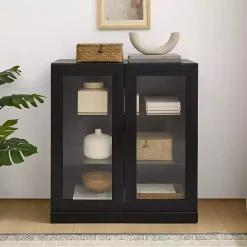 Kirklands Home Black Wood and Glass Stackable Storage Cabinet Best