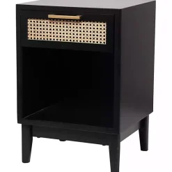Kirklands Home Wood and Natural Rattan Drawer Nightstand Black Clearance