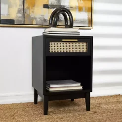 Kirklands Home Wood and Natural Rattan Drawer Nightstand Black Clearance