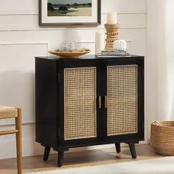 Kirklands Home Wood and Rattan Carpinteria Cabinet Black