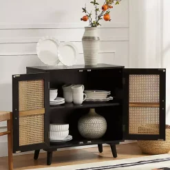 Kirklands Home Wood and Rattan Carpinteria Cabinet Black