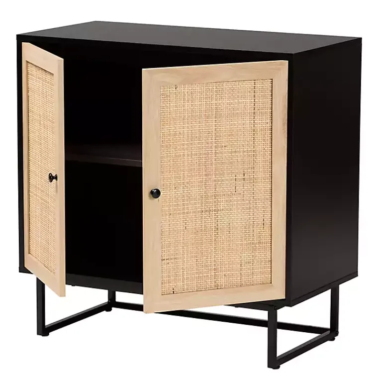 Kirklands Home Wood and Rattan 2-Door Cabinet Black New
