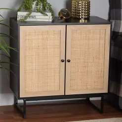 Kirklands Home Wood and Rattan 2-Door Cabinet Black New
