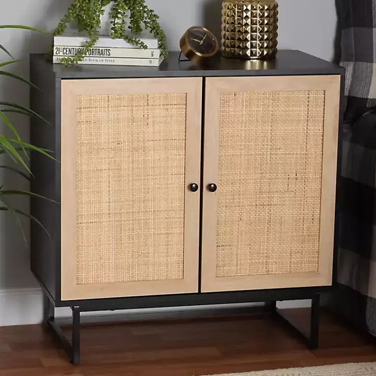Kirklands Home Wood and Rattan 2-Door Cabinet Black New
