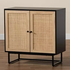 Kirklands Home Wood and Rattan 2-Door Cabinet Black New