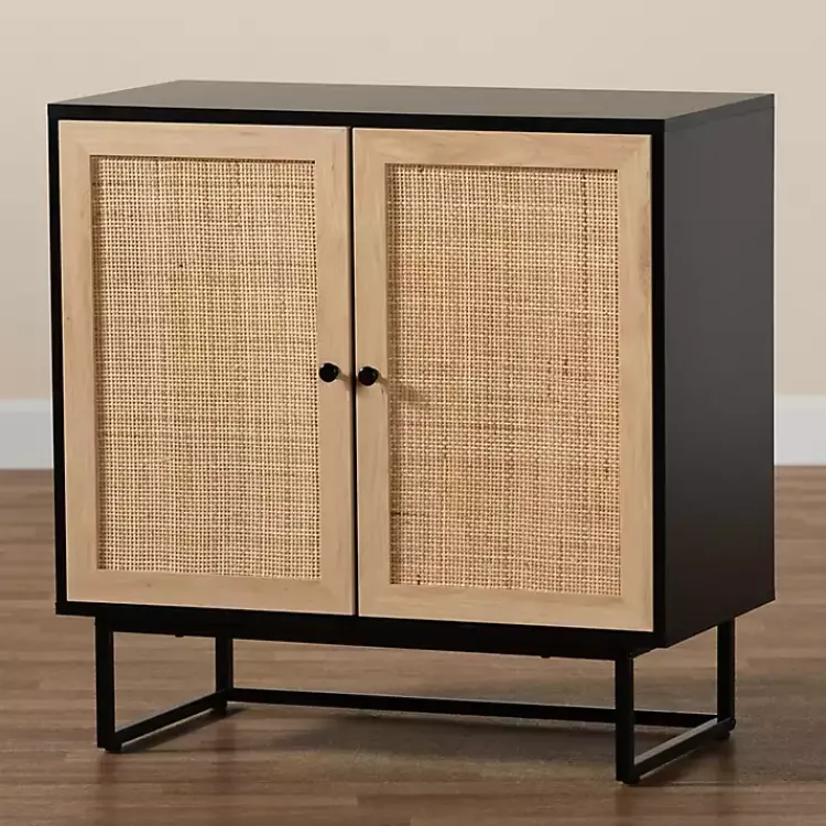 Kirklands Home Wood and Rattan 2-Door Cabinet Black New