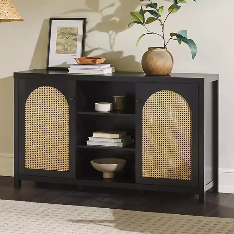 Kirklands Home Wood and Rattan 2-Door Sideboard Black Clearance
