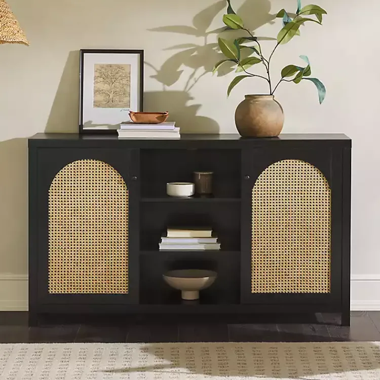 Kirklands Home Wood and Rattan 2-Door Sideboard Black Clearance